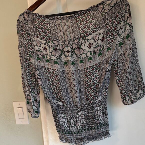 Maje Chiffon Boho Art Nouveau Top - Size 6-8 - Dark Green & Burgundy on - Picture 5 of 5